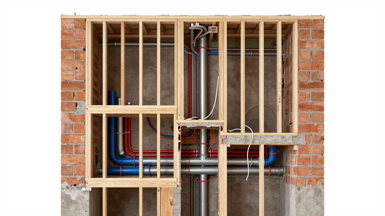 Příčný řez zdí ukazující instalaci elektroinstalace a potrubí