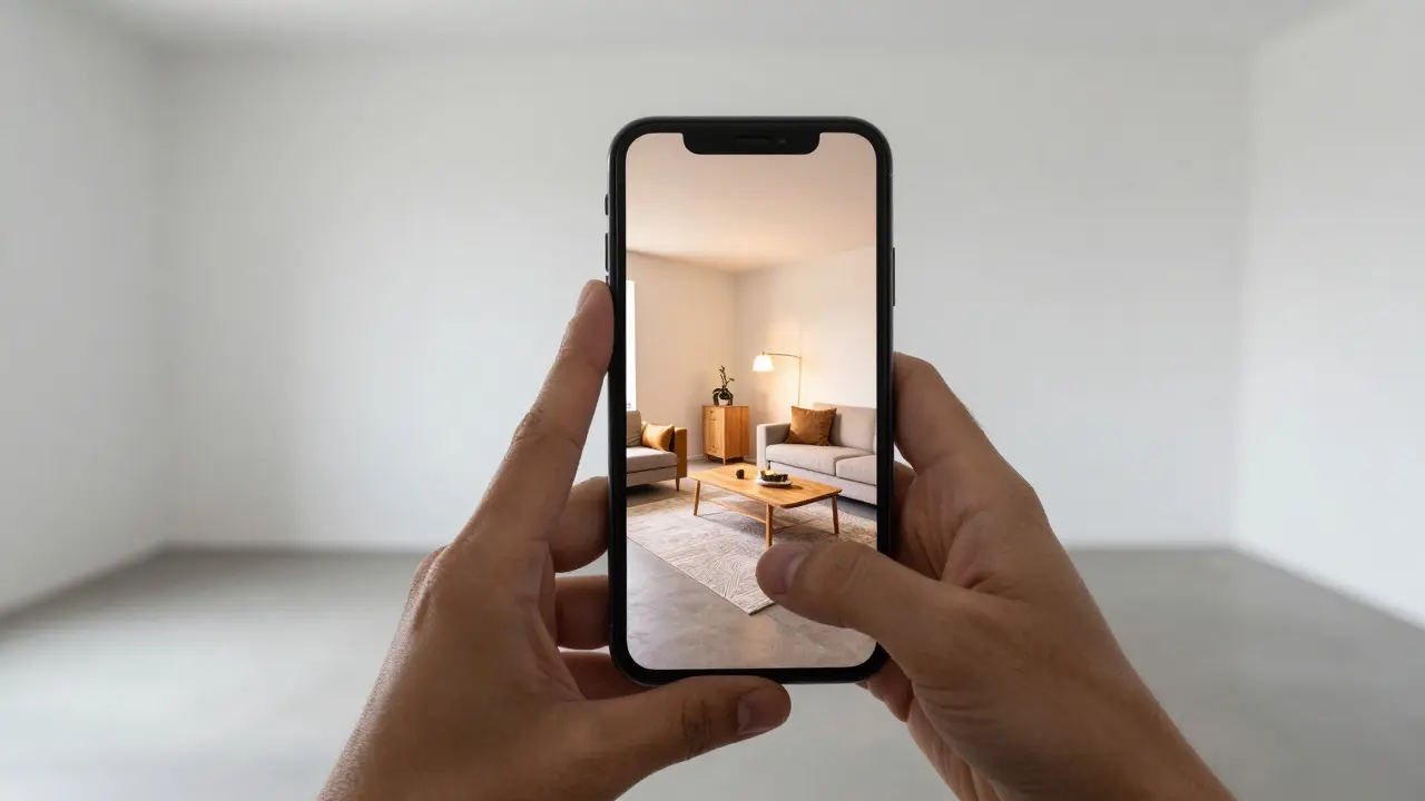Ruce drží telefon s virtuálně zařízeným interiérem před prázdnou místností