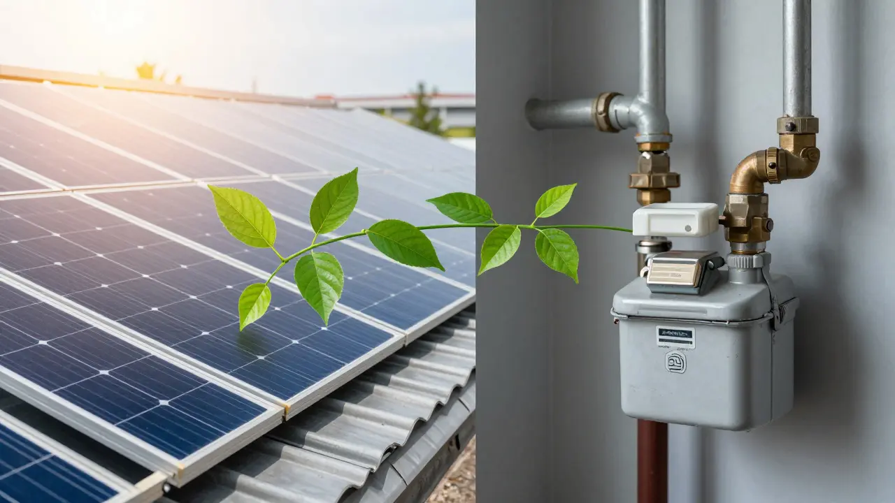 Srovnání solárního panelu a plynoměru jako vizuální metafora přechodu energií