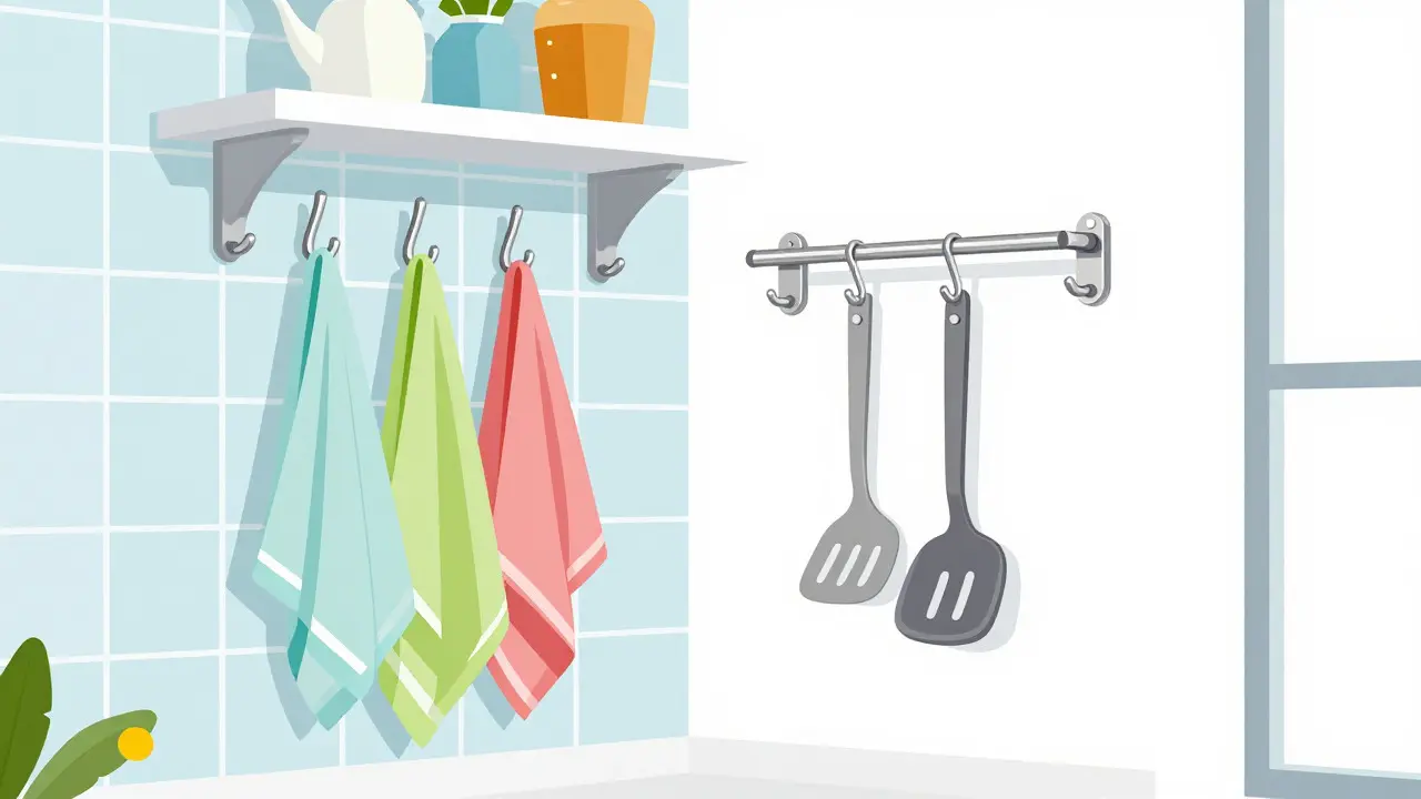 Stainless steel hooks in a bright bathroom