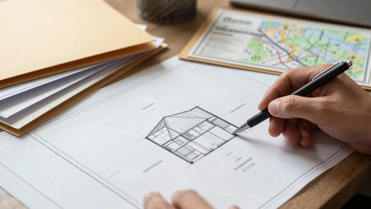 Stůl s architektonickými plány a dokumenty pro stavební povolení