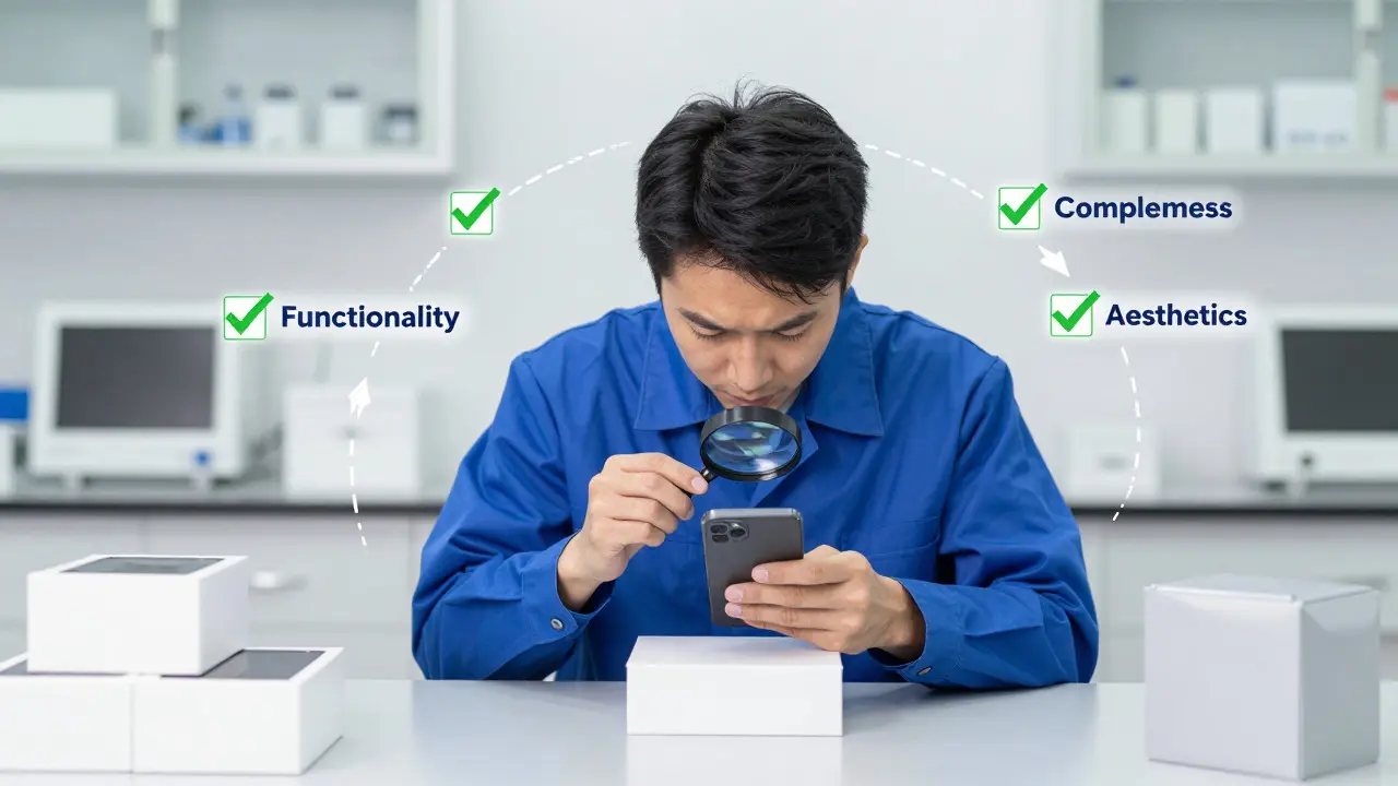 Technik kontroluje chytrý telefon v laboratoři pro kvalitu open-box zboží