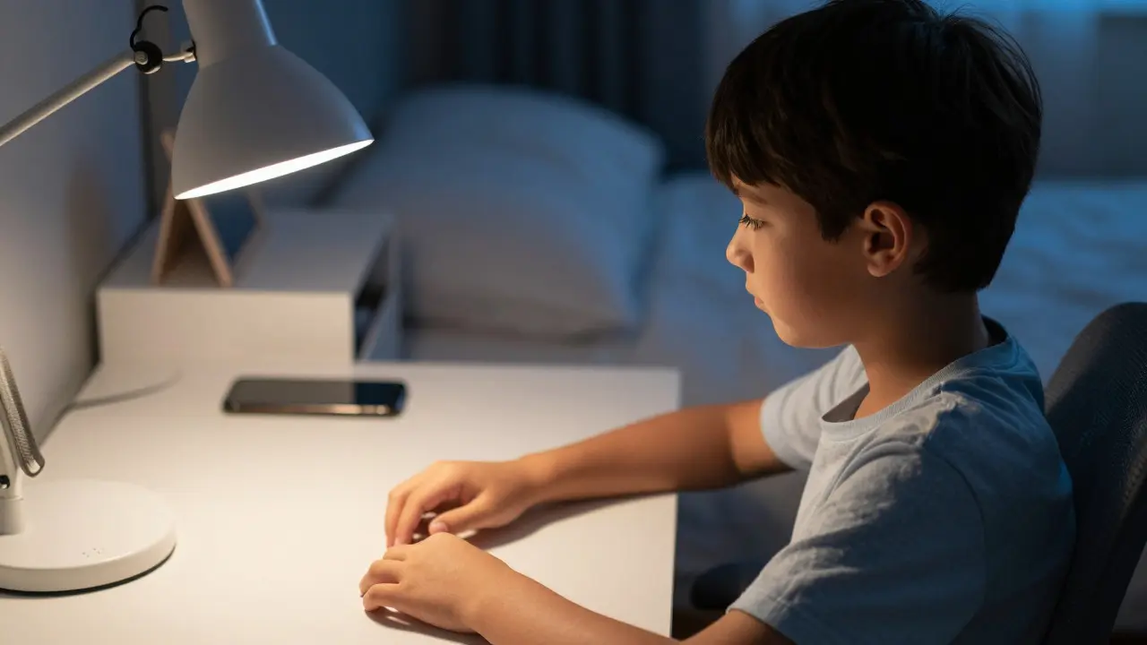 Žák studující večer při teplém osvětlení stolní lampy s telefonem uloženým mimo postel
