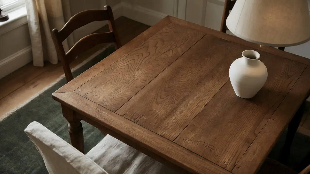 Detail masivního dřevěného stolu a bílého porcelánu v klasickém interiéru