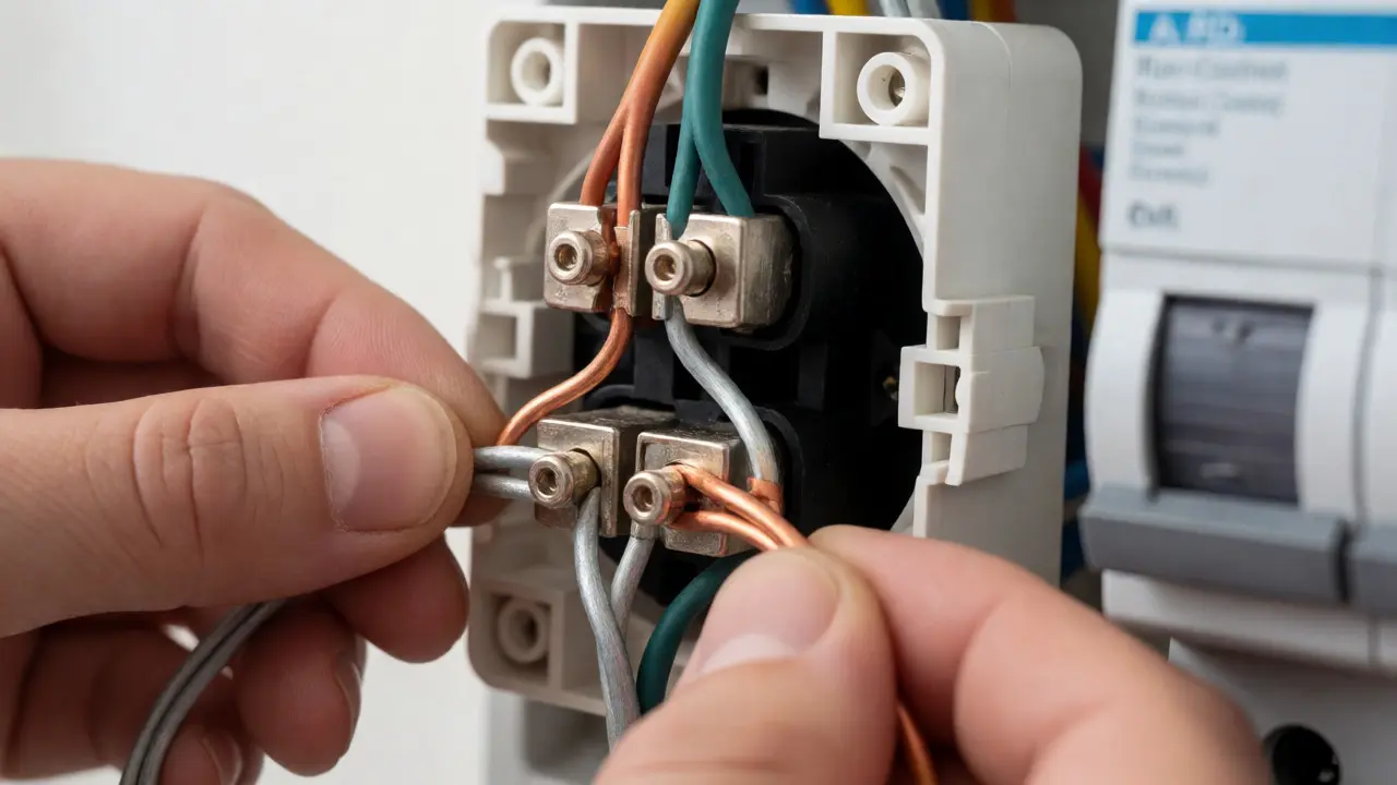 Detailní pohled na zapojení měděných vodičů do elektrické zásuvky s důrazem na kvalitu spoje