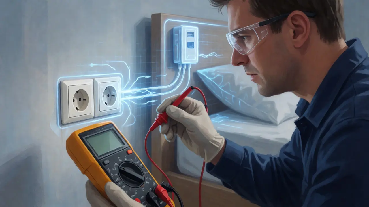 Elektrikář provádějící revizi zásuvky v ložnici pomocí multimetru a kontrola stavu kontaktů