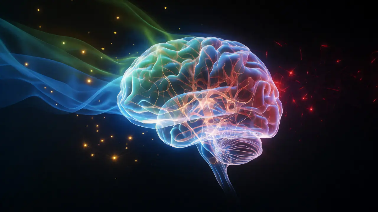 Glowing brain neural network influenced by calming blue and green light