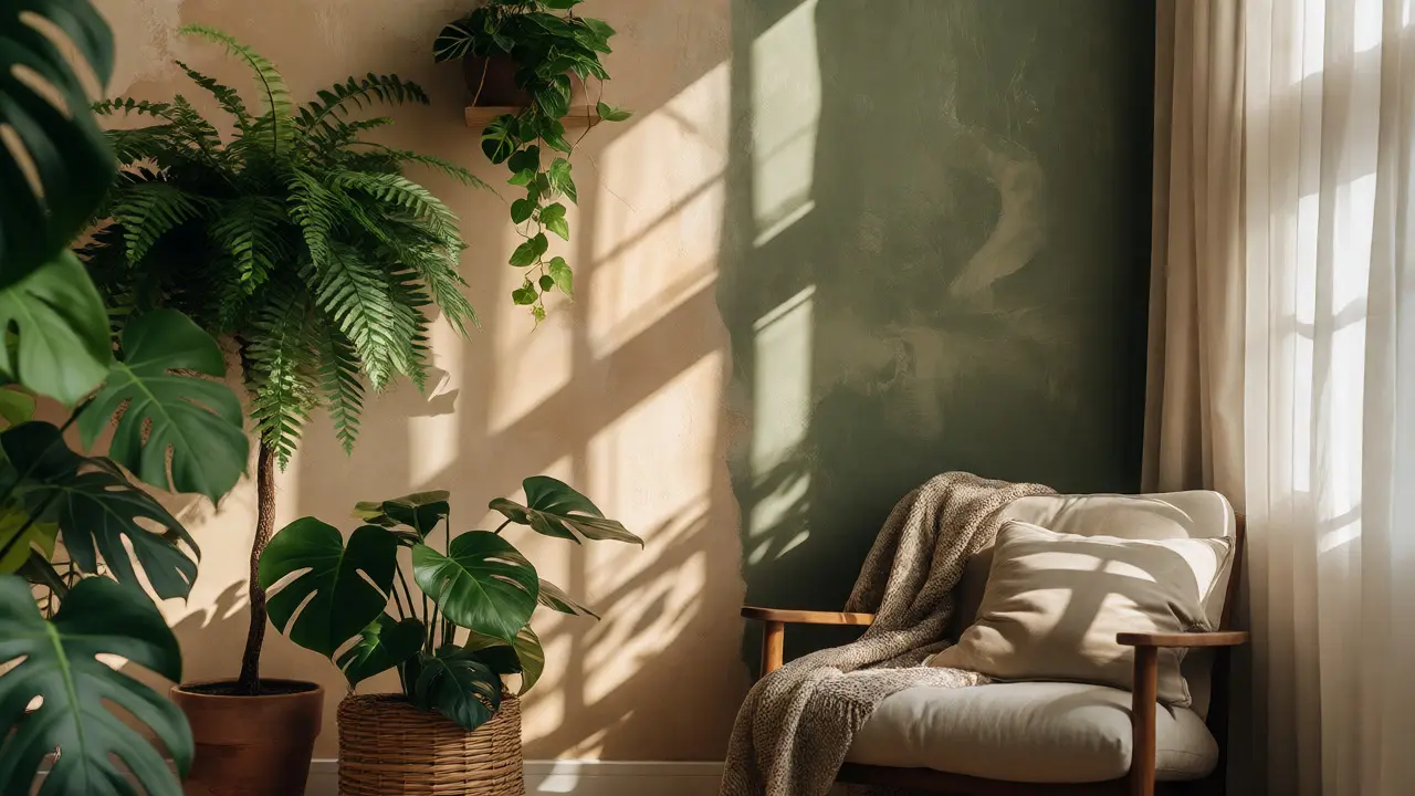 Living room corner with green plants and neutral tones for relaxation