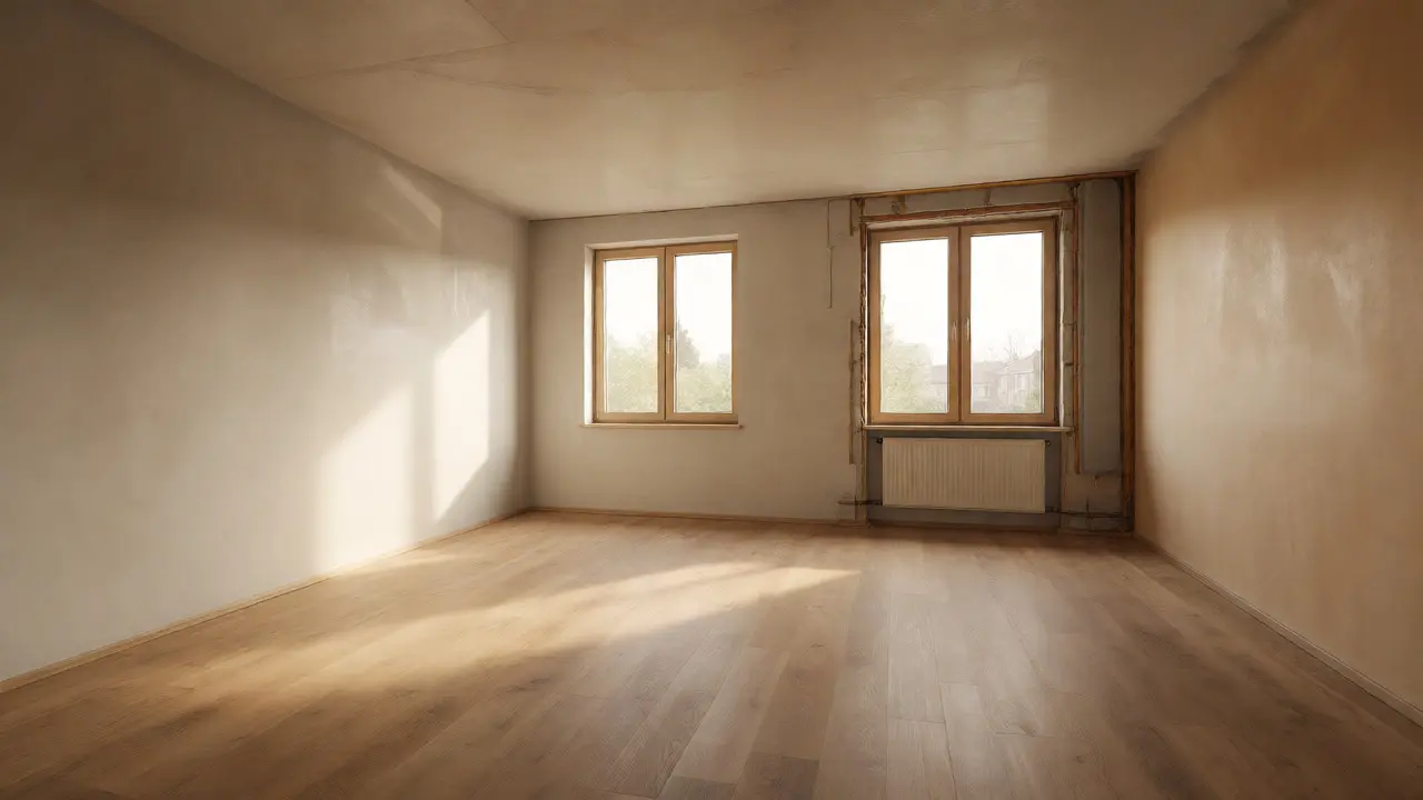 Modern, renovated living room with leveled floors and warm lighting