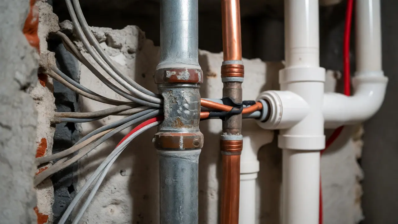 Replacement of old aluminum wires and rusted pipes in a bathroom renovation