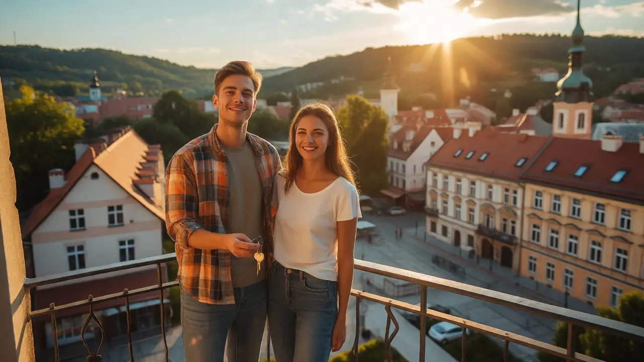 Šťastný pár s klíči od nového bytu v regionálním městě