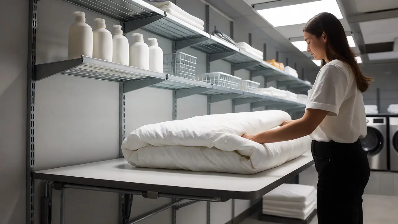 Žena skládá povlečení na ergonomické desce ve výšce 95 cm s regály nad hlavou