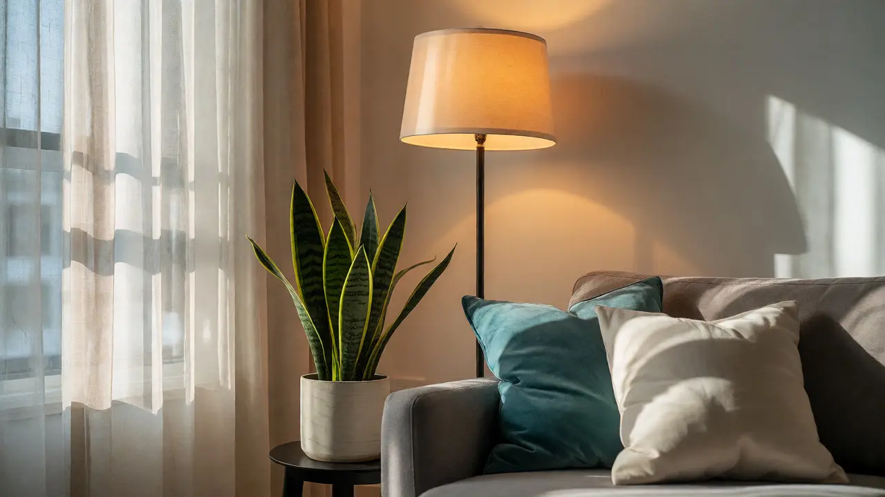 Detail bezvrtacího home stagingu s rostlinou, polštáři a závěsy