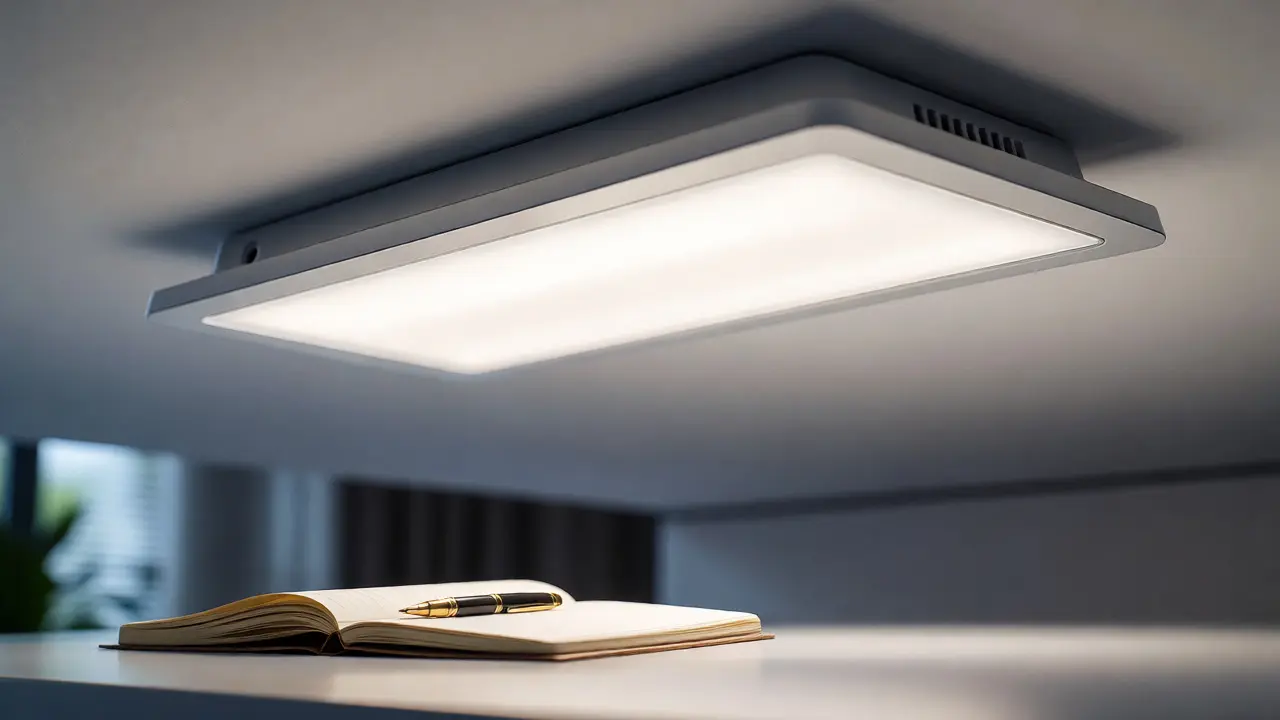 Detail moderného LED stropního svítidla rovnoměrně osvětlujícího pracovní plochu