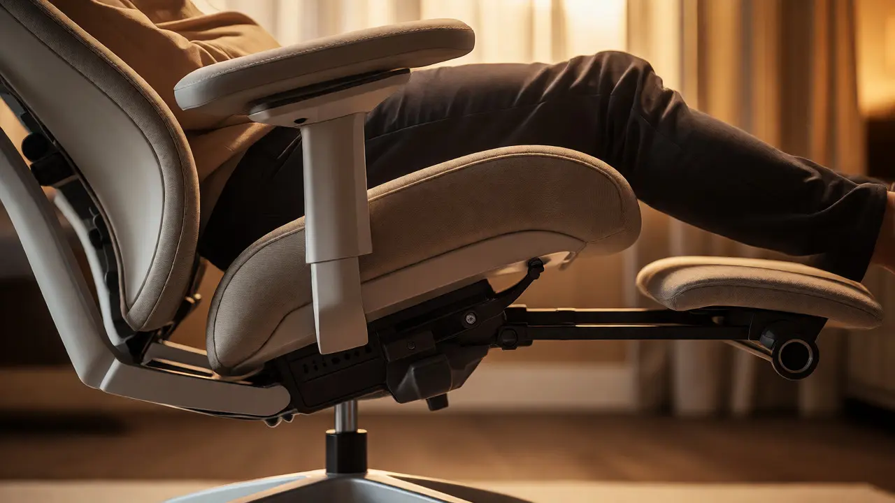Detail nakloněného křesla s opřenými nohami pro relaxaci