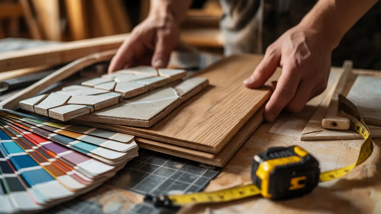 Detailní pohled na stavební materiály a nástroje na pracovním stole