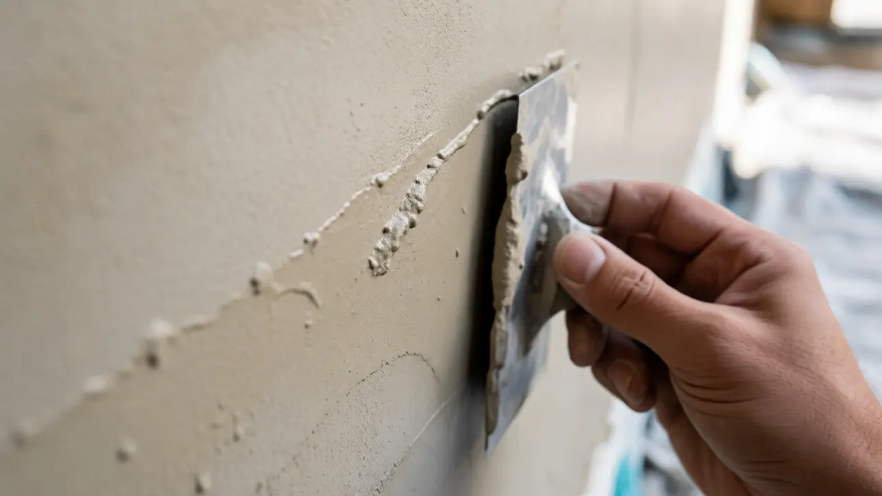 Detailní záběr na nanášení tenké vrstvy mikrocementu špachtlí na stěnu.
