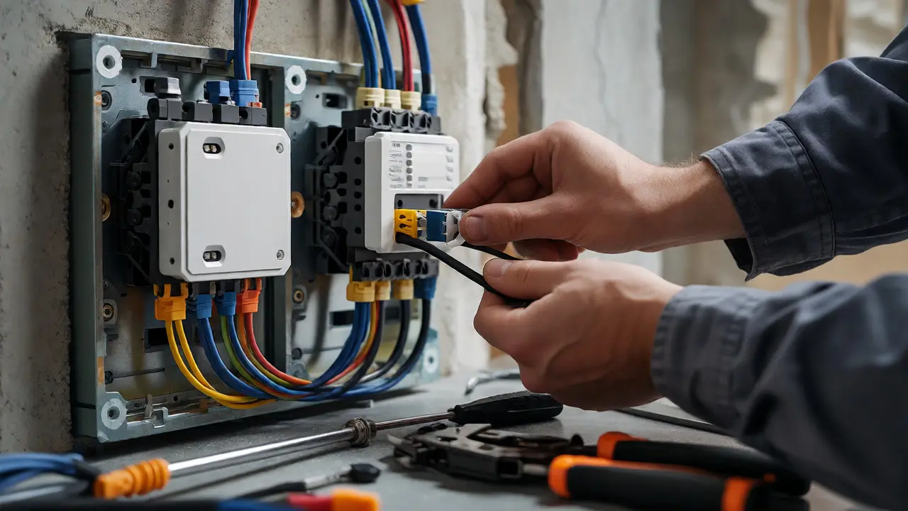 Elektrikář instaluje chytré moduly do rozvaděče za vypínačem.