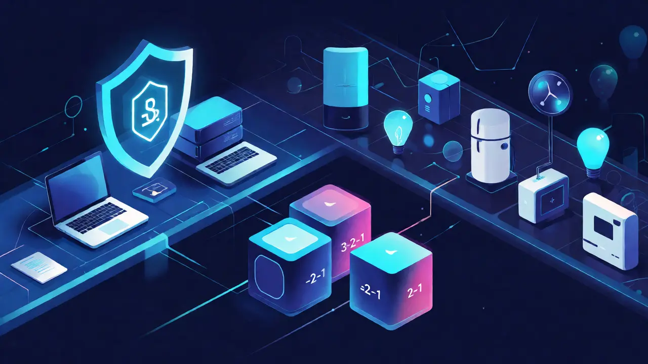 Ilustrace segmentace sítě oddělující pracovní zařízení od IoT a princip zálohování dat.