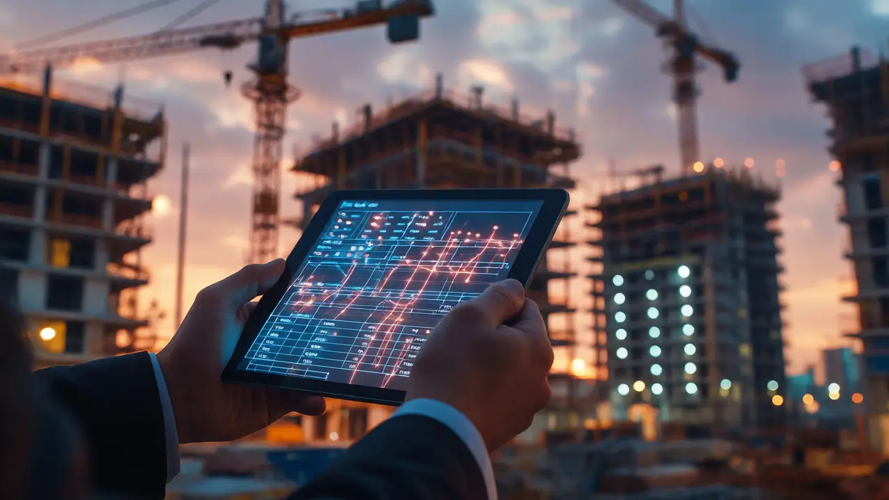 Investor drží tablet s datovými proudy před pozadím staveniště za soumraku