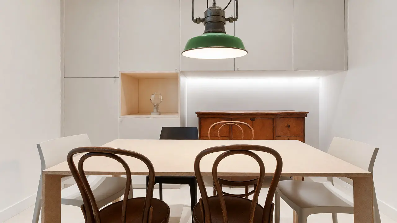 Jídelní stůl s kombinací moderních a vintage židlí