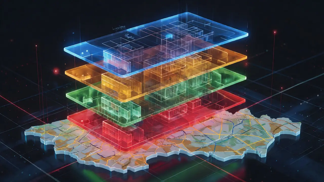Konceptuální vizualizace čtyř úrovní analýzy realitního trhu nad mapou ČR