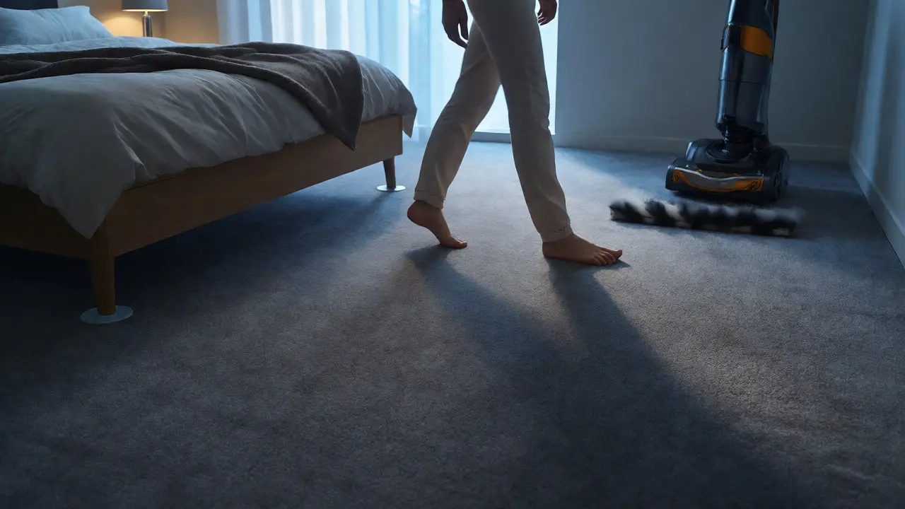 Osoba kráčí bosky po teplém koberci v ložnici s vysavačem v pozadí.