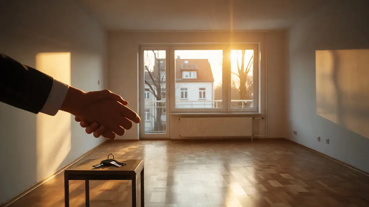 Podání rukou při předání klíčů od prázdného bytu ve slunečním světle