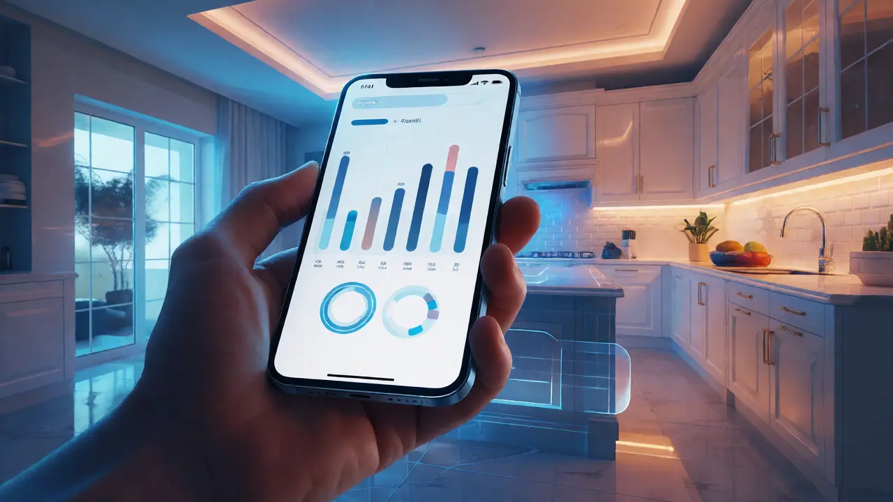 Smartphone s finanční aplikací před pozadím hotové kuchyně