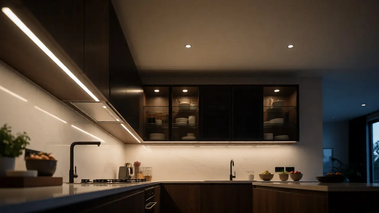 Večerní atmosféra moderní kuchyně s vrstveným LED osvětlením
